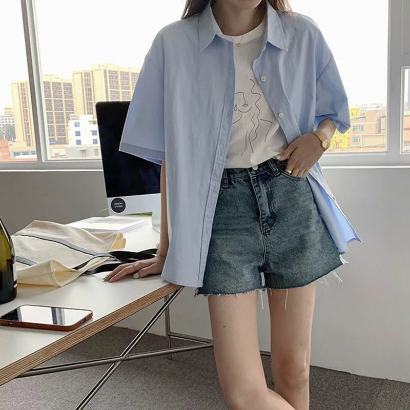 Women's Turn-Down Collar Short Sleeve Loose Solid Blouse