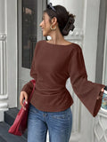 Women's Boat Neck Flare Sleeve Top with Back Tie