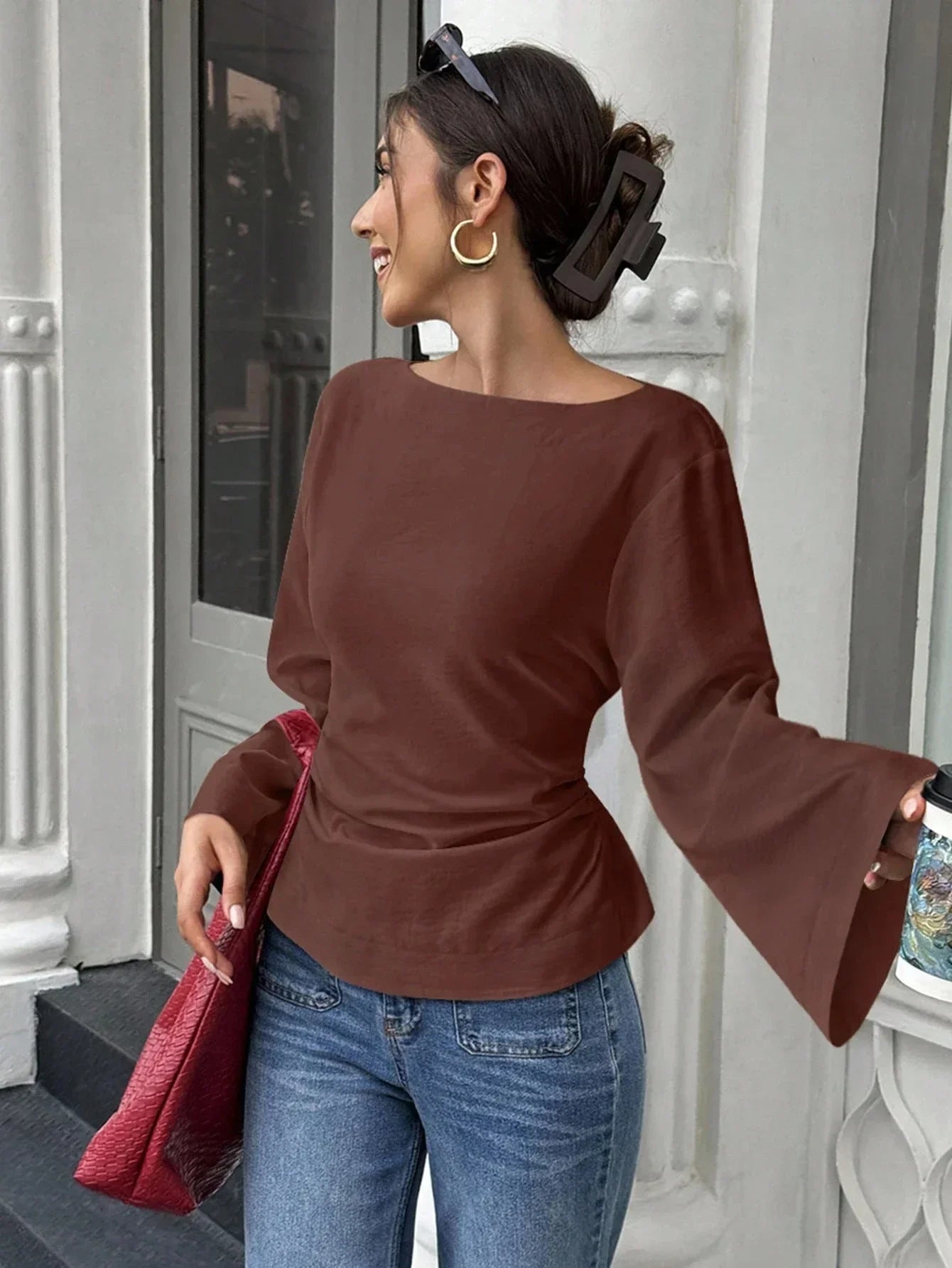 Women's Boat Neck Flare Sleeve Top with Back Tie