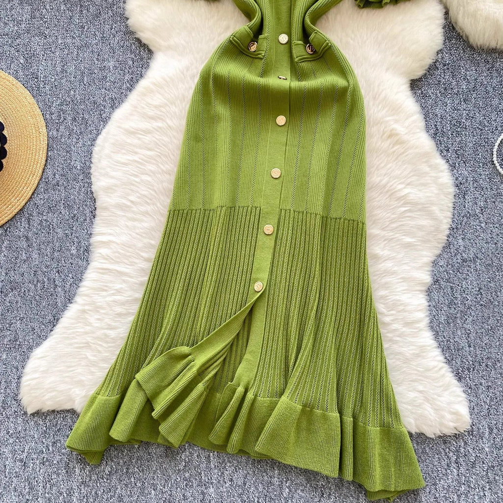 V-Neck Button Ruffle Knit Midi Sweater Dress