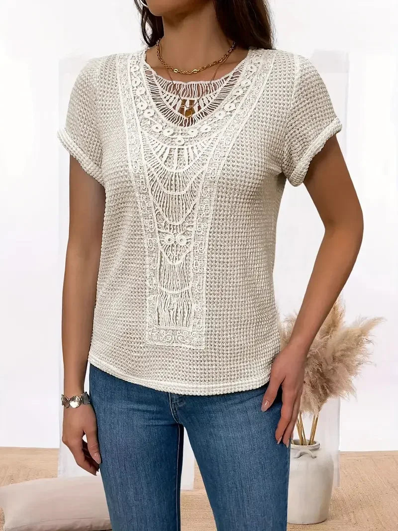 Plus Size 1XL-5XL Women's  Short Sleeve Vibrant Lace Splicing Crew Neck T-Shirt  Ladies Fashion Trim Semi-Sheer Round Neck Shirt