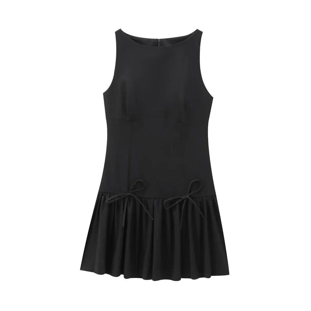 O-Neck Bow Ruffle Sleeveless Back Zipper Mini Dress