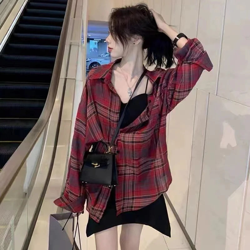 Plaid Single-Breasted Long Sleeve Loose Lightweight Shirt