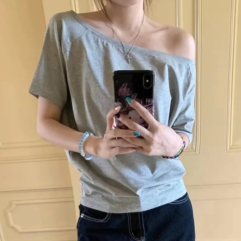 Women's Solid Color Skew Collar Short Sleeve T-Shirt