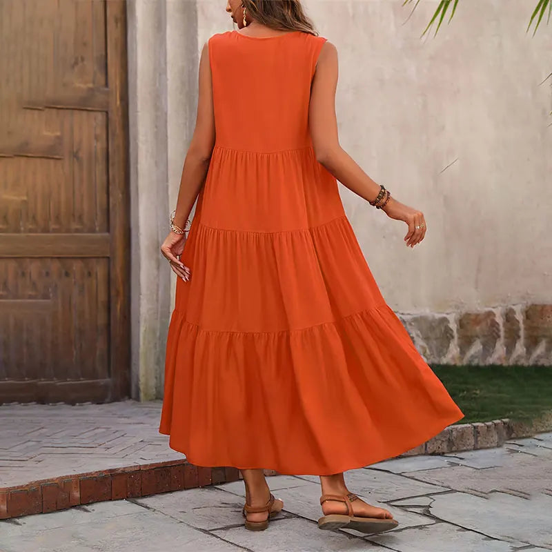 Women's Casual A-Line Tank Dress - V-Neck Sleeveless Midi Dress