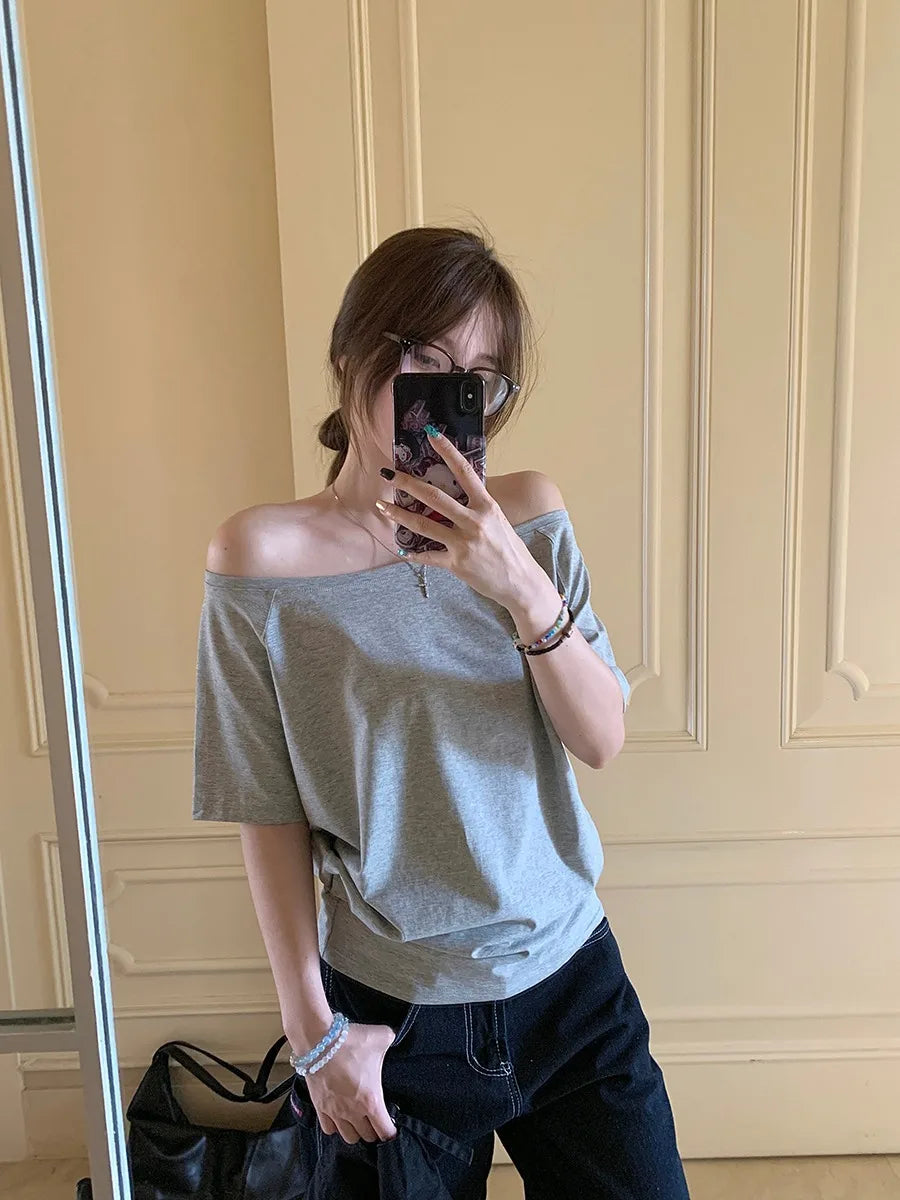 Women's Solid Color Skew Collar Short Sleeve T-Shirt