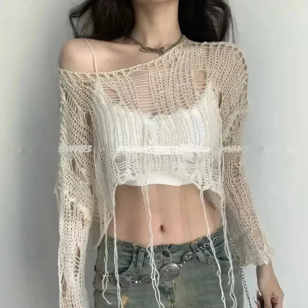 Round Neck Hollow-Out Ripped Cropped Knit Top Long Sleeve Loose Fit