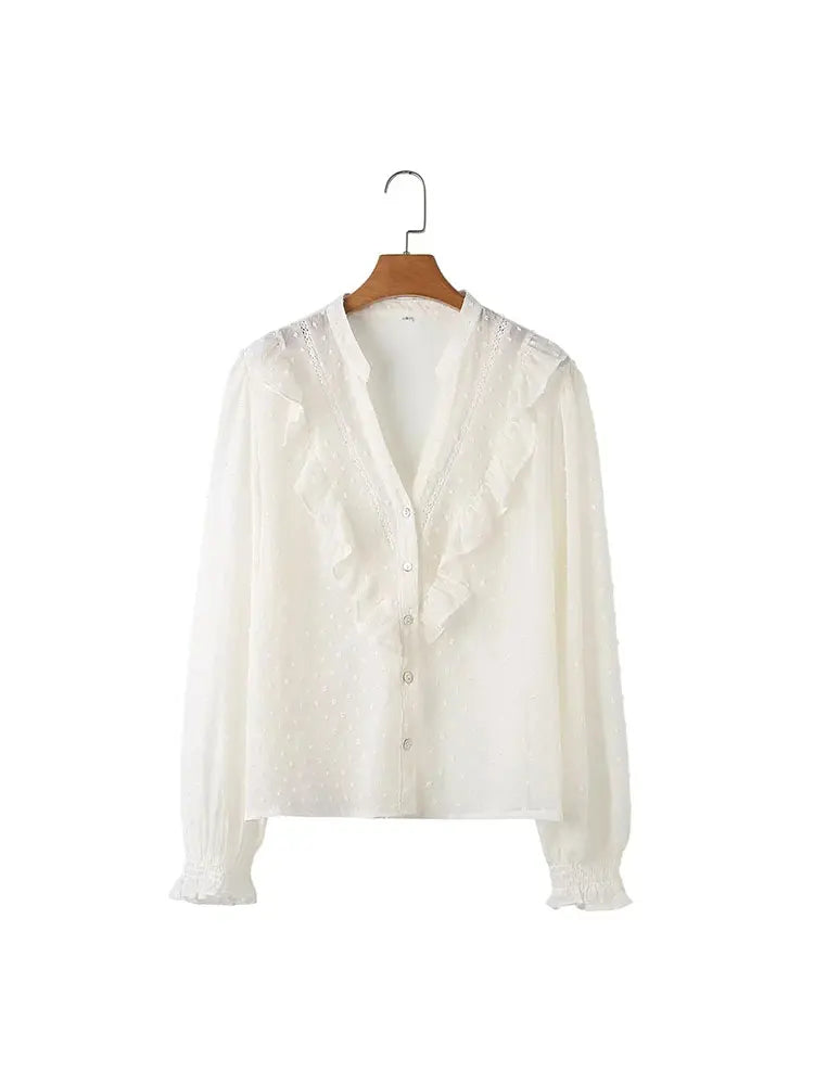 2026 Spring Summer Women French Fashion Chiffon Shirts Ruffle Design Single-breasted Vintage Blouses