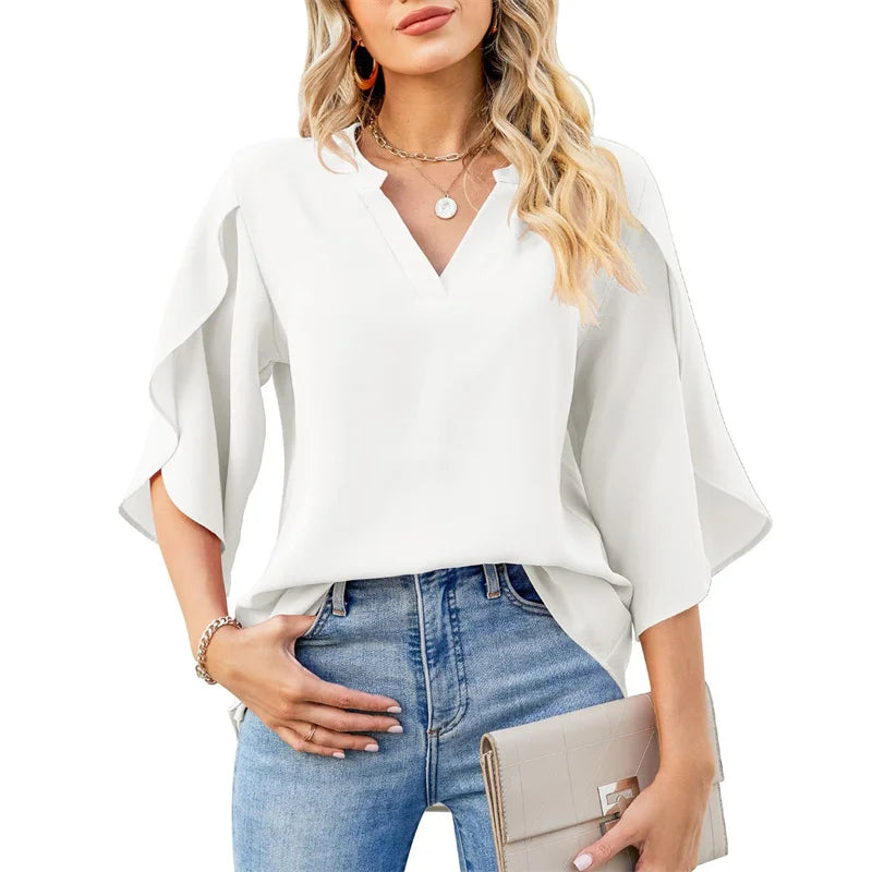 Women's V-Neck Chiffon Flare Sleeve Blouse