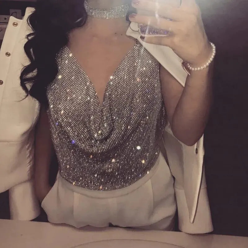Women's Rhinestone V-Neck Backless Glitter Crop Top