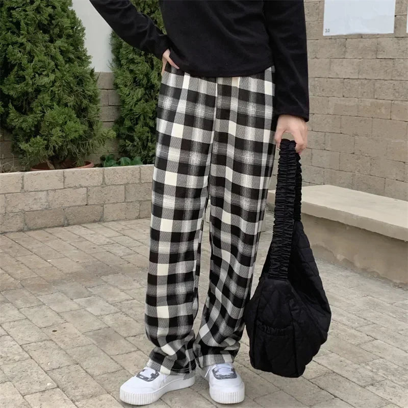 Plaid Wide Leg Plush Pants Warm Cashmere Loose Mid Waist Casual