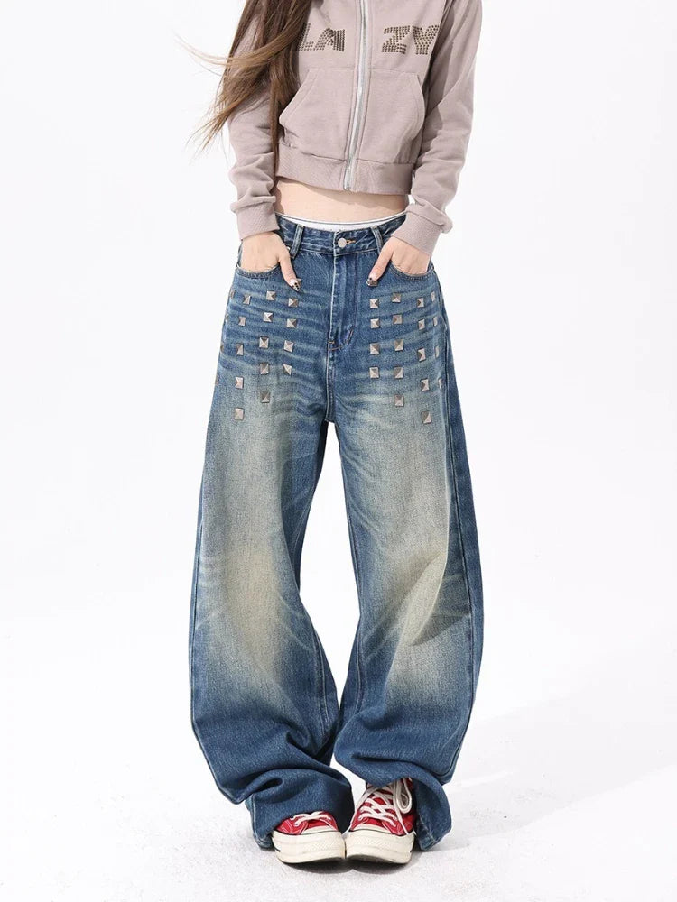 Retro Distressed Wide-Leg Jeans