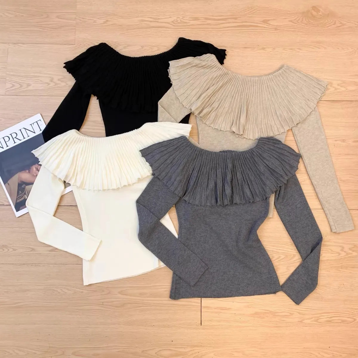 Slash Neck Ruffle Sweater Long Sleeve Regular Fit Pullover