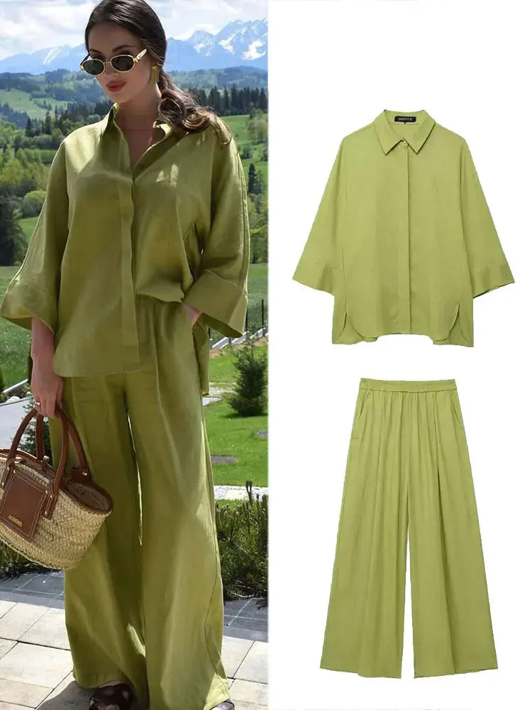 Turn-Down Collar Button Blouse & Wide Leg Pants Set