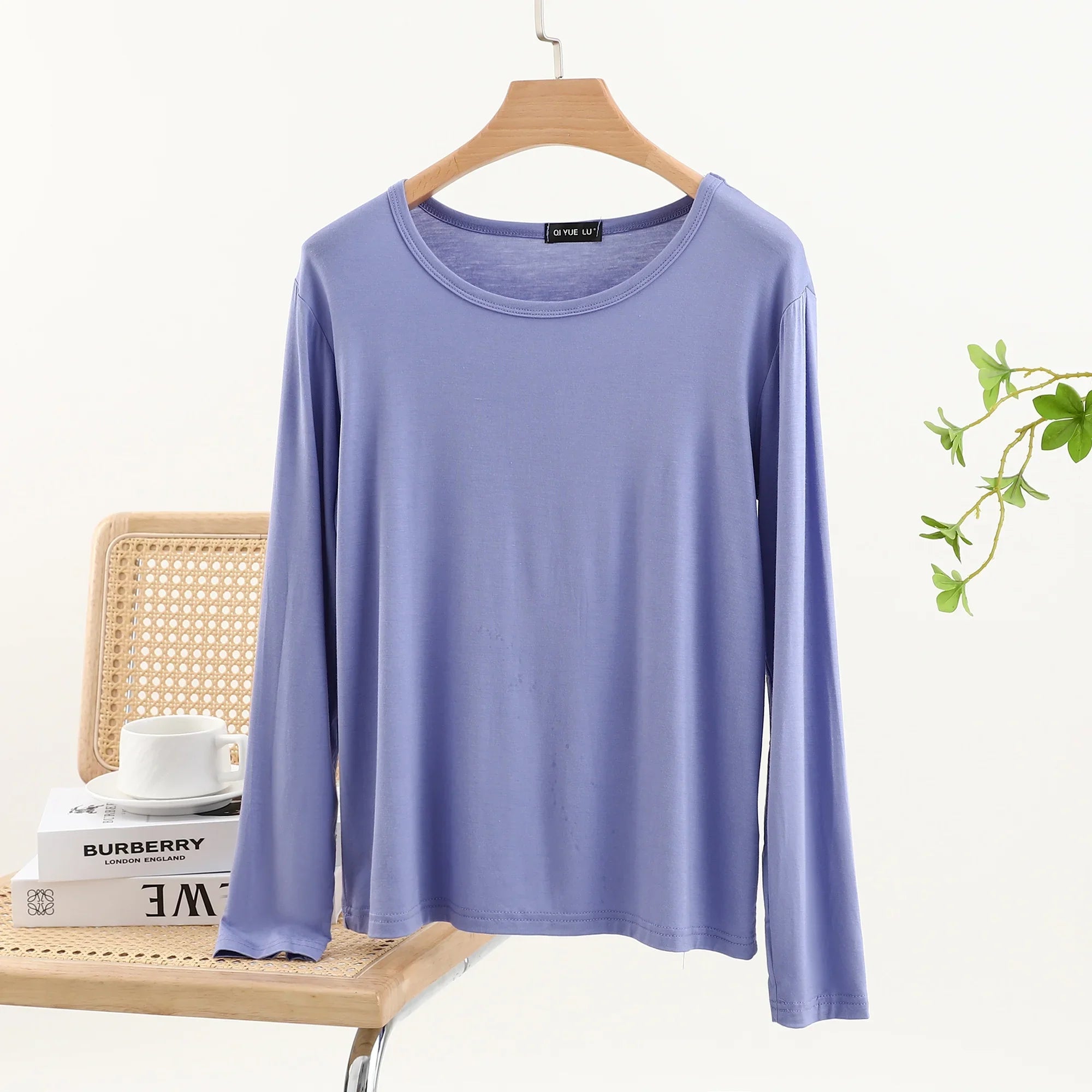 Casual Modal Long Sleeve T-Shirt Women's Spring Thin Round Neck Base Shirt Loose Fit Plus Size Slim Pure Color Top