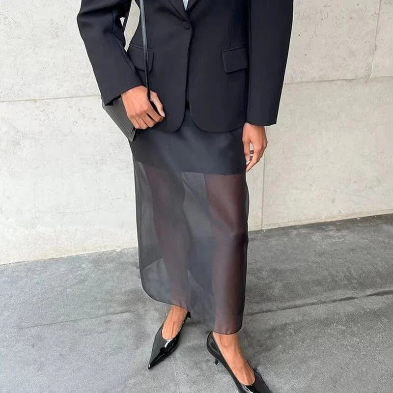 Tornova Black Mesh Skirts For Women Double-layer Design Sexy Perspective High Waist Slit Hip Skirt Female Thin Loose New Summer