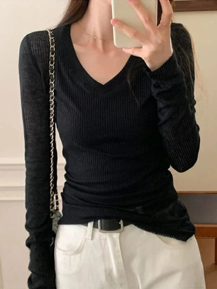 Sheer Slim Fit Long Sleeve T-Shirt | Y2K Streetwear Women's Basic Tee