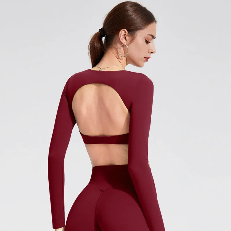 Women Fitness T Shirt Long Sleeve Open Back Pilates Yoga Padded Crop Top Running Workout Fitness Blouse