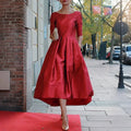 Women's A-Line Midi Dress Half Sleeves O-Neck Pleated Elegant Evening Dress