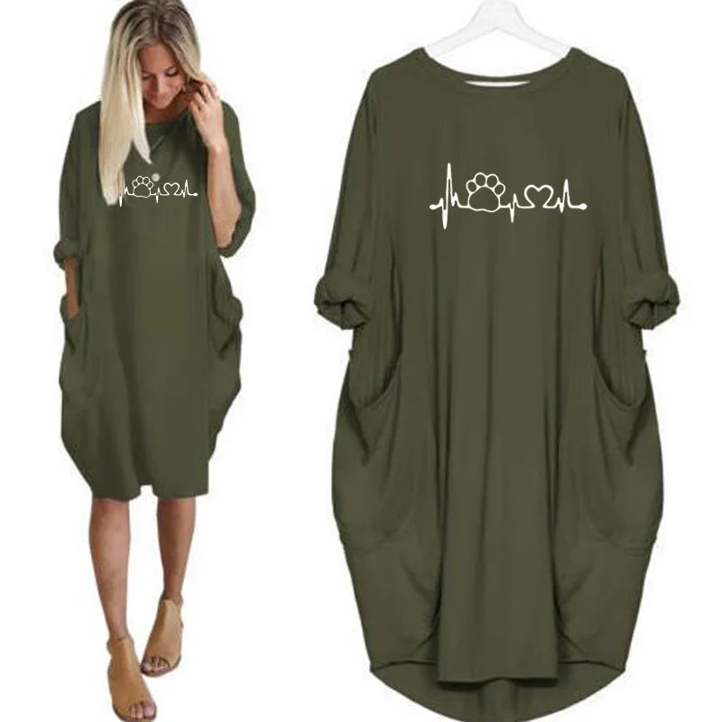 Plus Size Loose Pullover Dress Women Long Sleeve Round Neck Casual Pocket