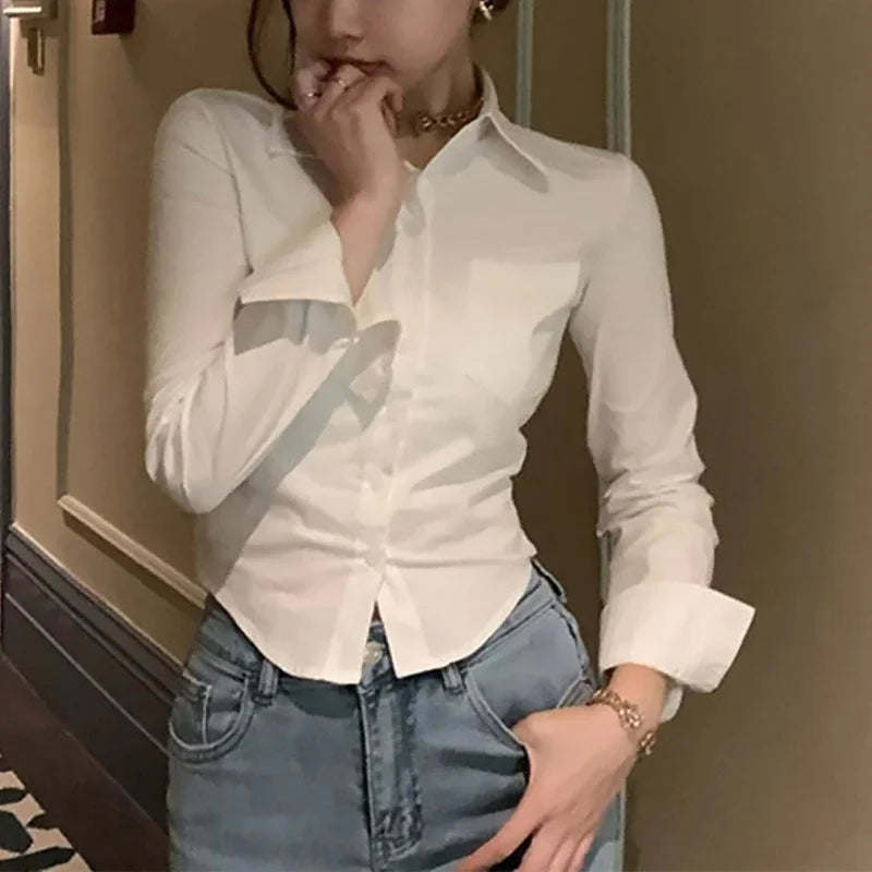 Long Sleeve Crop Chiffon Blouse | Women's Korean Office Button Lapel Top