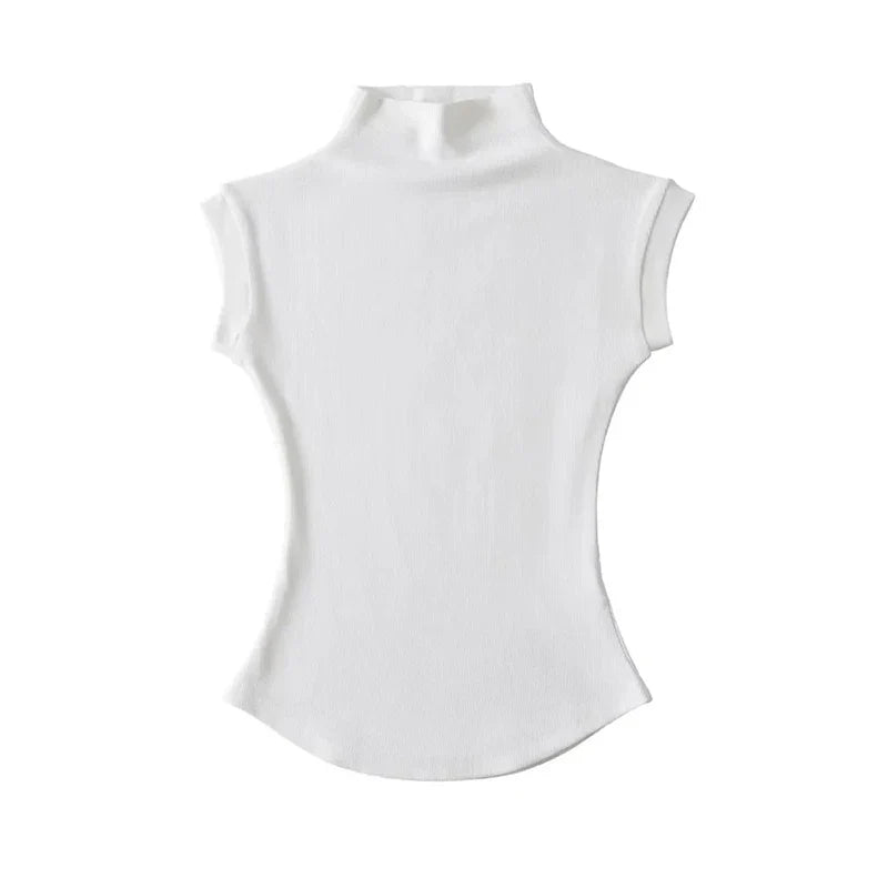 Turtleneck Sleeveless Slim Solid Stretch Tee