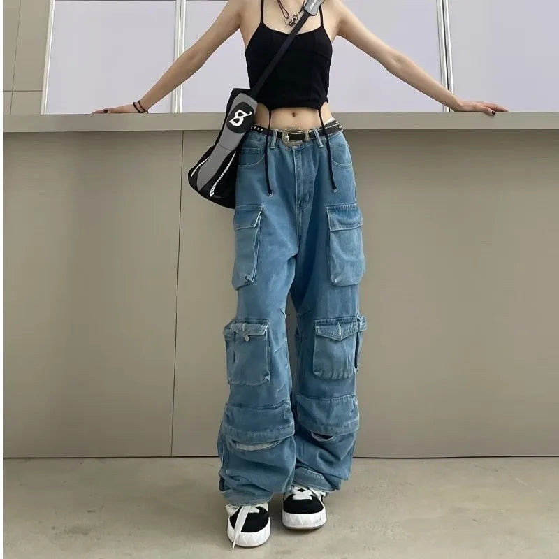Women's Jeans - Multi-Pocket Cargo Denim Workwear Pants