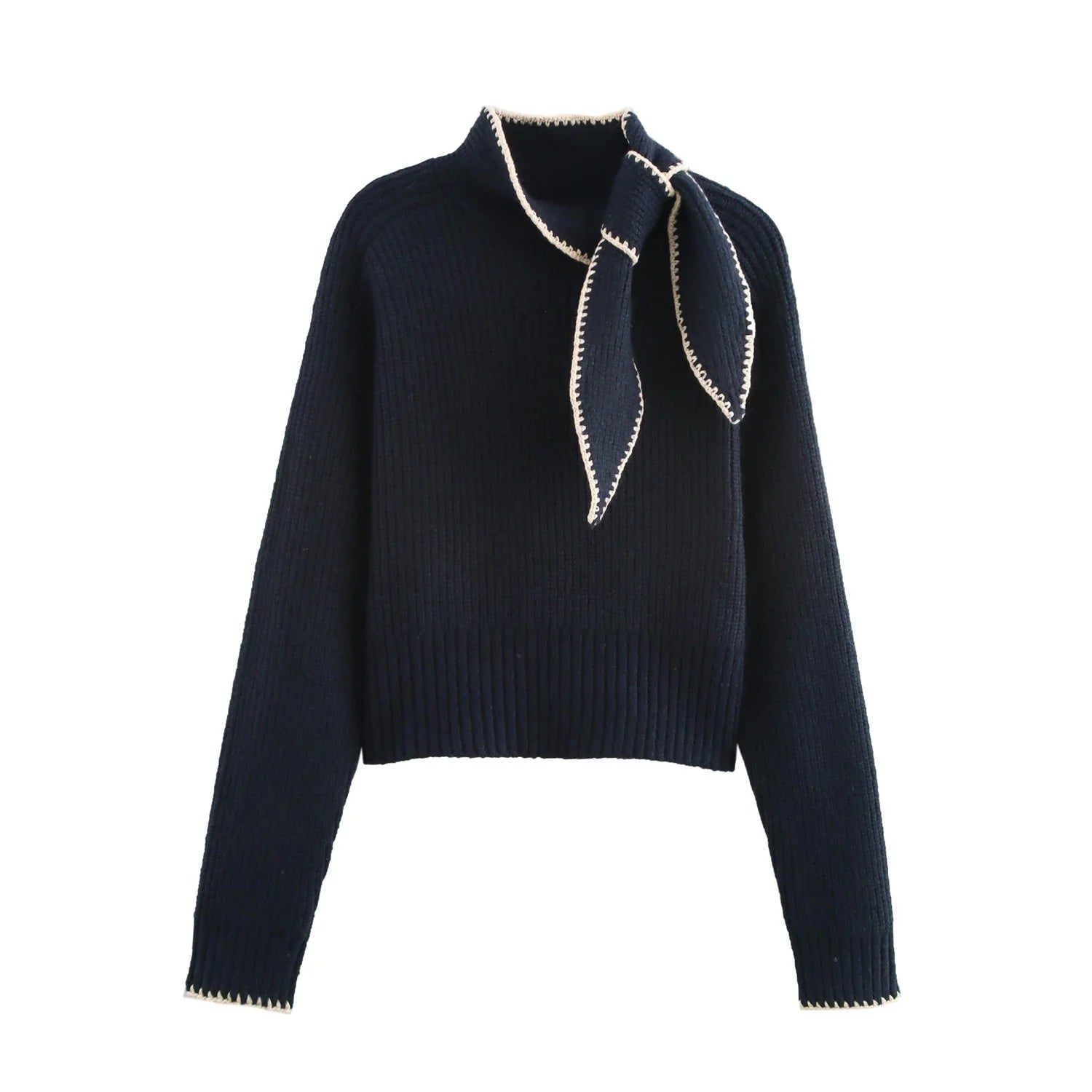 Bow Collar Knit Sweater Long Sleeve Regular Fit Pullover