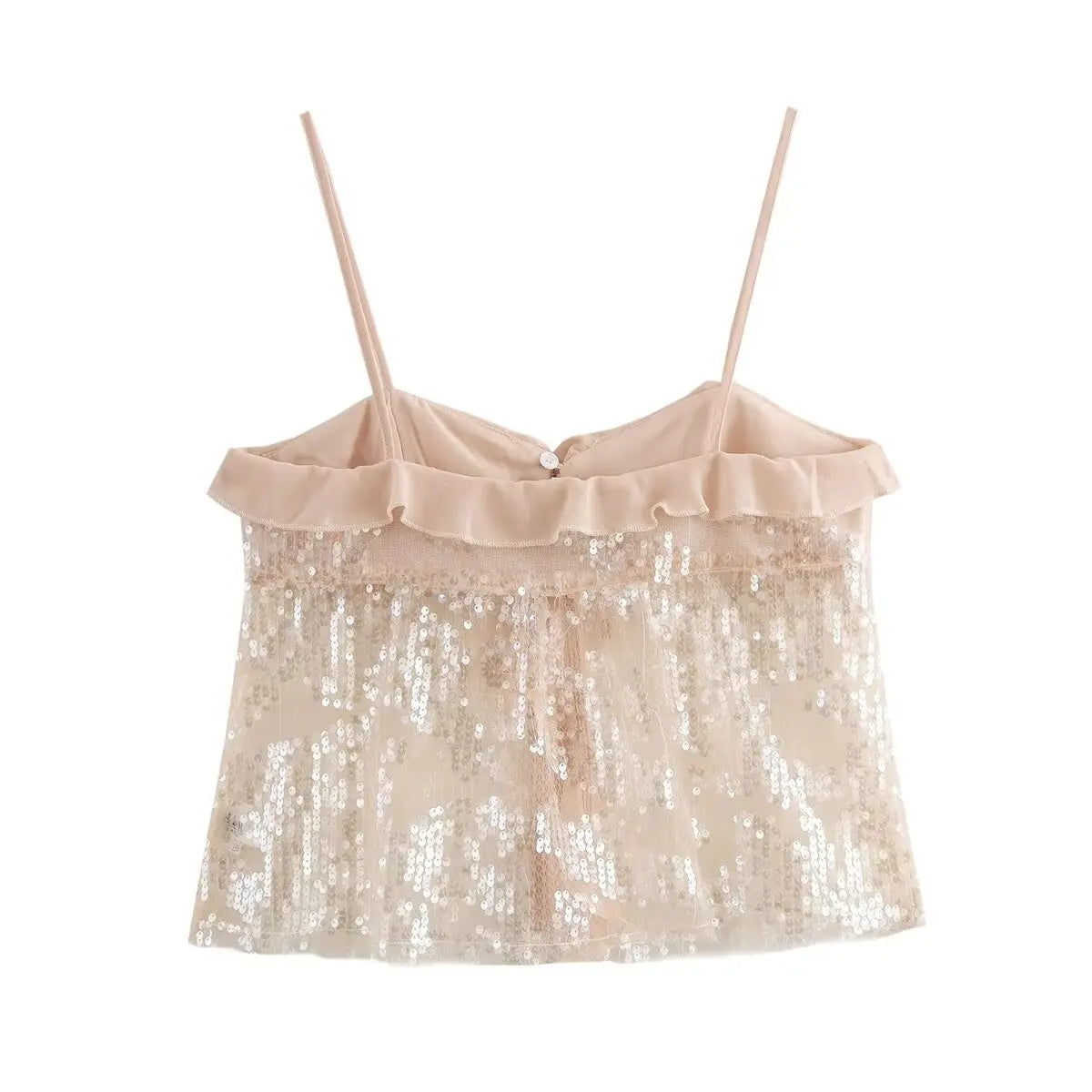 Sequined Chiffon Ruffle Crop Camisole Top | Women's Backless Party Tank