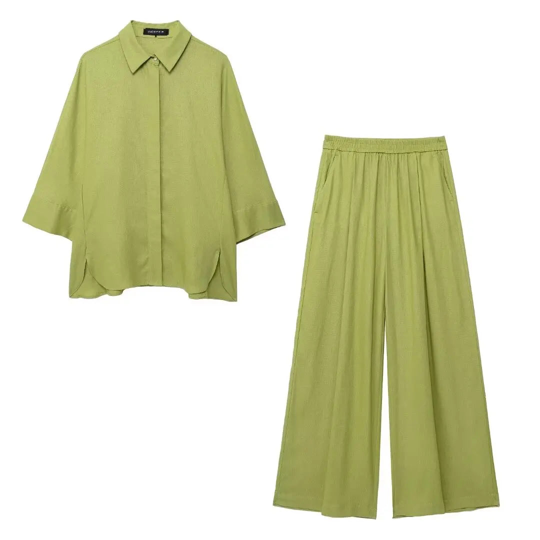 Turn-Down Collar Button Blouse & Wide Leg Pants Set