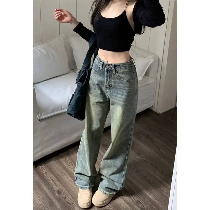 High Waist Wide Leg Jeans Vintage Straight Ankle Length Slimming