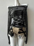 Gothic Skull Stripe Off-Shoulder Long Sleeve Tee