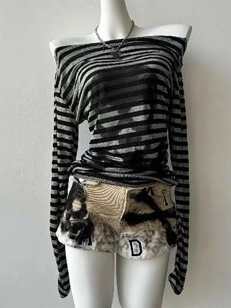 Gothic Skull Stripe Off-Shoulder Long Sleeve Tee