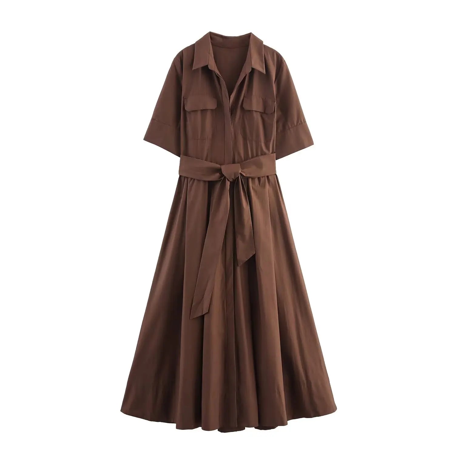 Women's Lapel Shirt Midi Dress with Belt