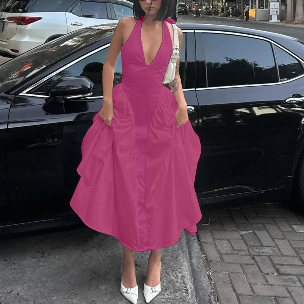 Backless Deep V Halter Maxi Dress