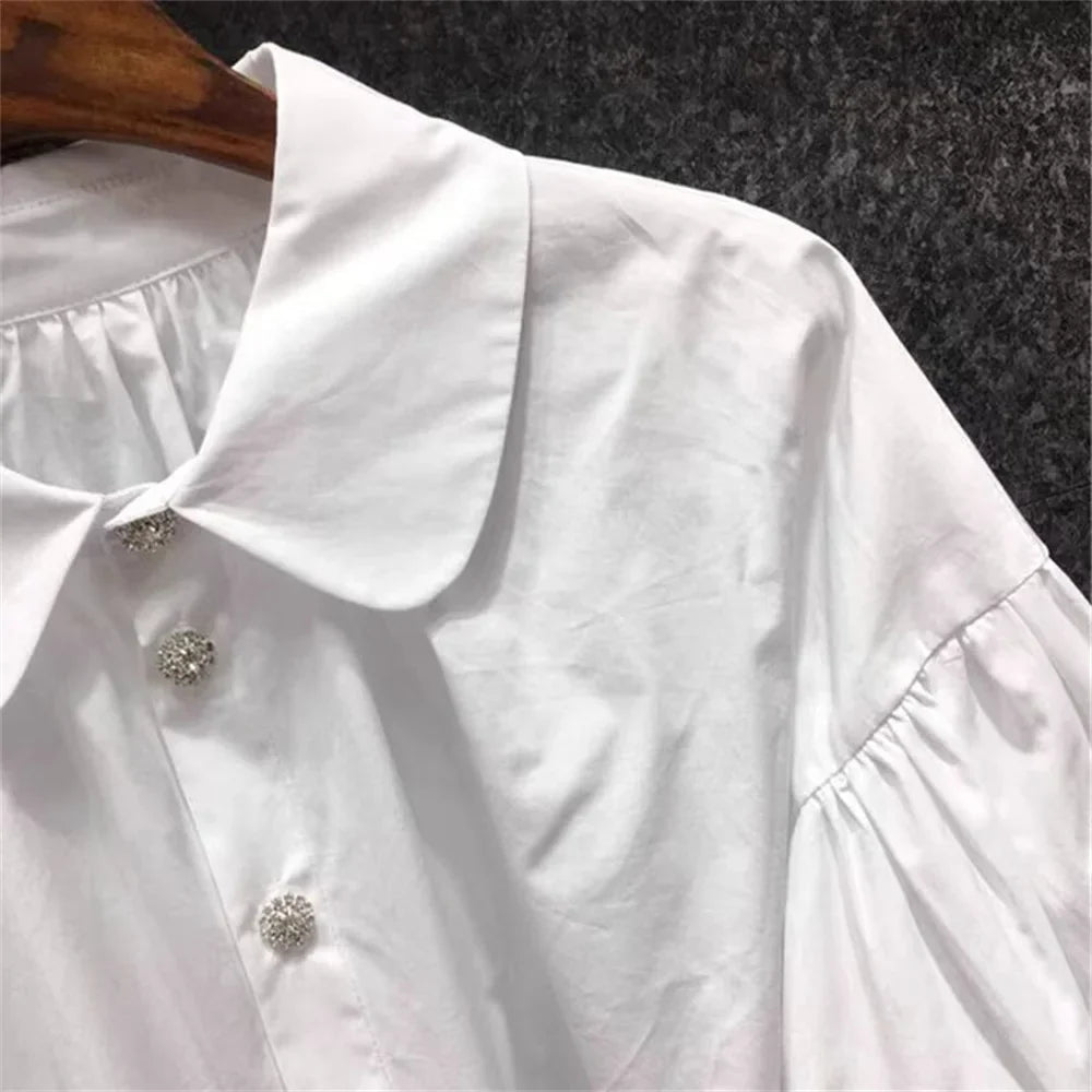 Vintage Peter Pan Collar Blouse Women Puff Sleeve White Shirt Korean Fashion