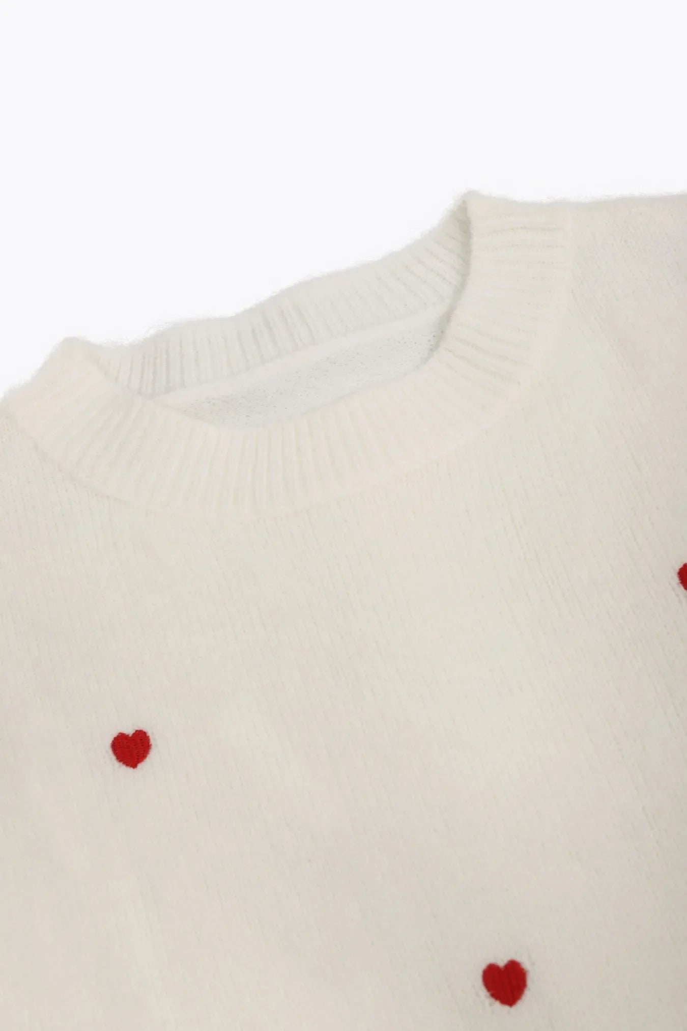 Women's Cream Red Heart Embroidered Oversized Knit Sweater