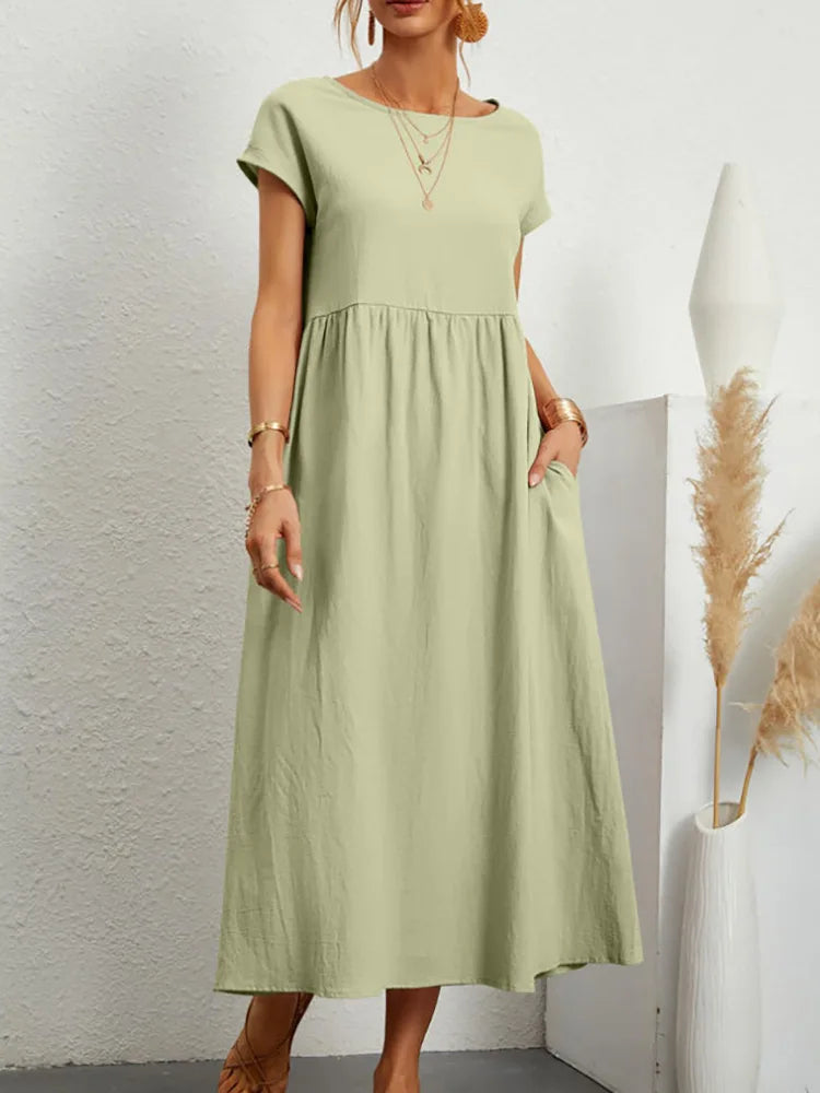 Cotton Linen Short Sleeve Shirred Loose Maxi Sundress
