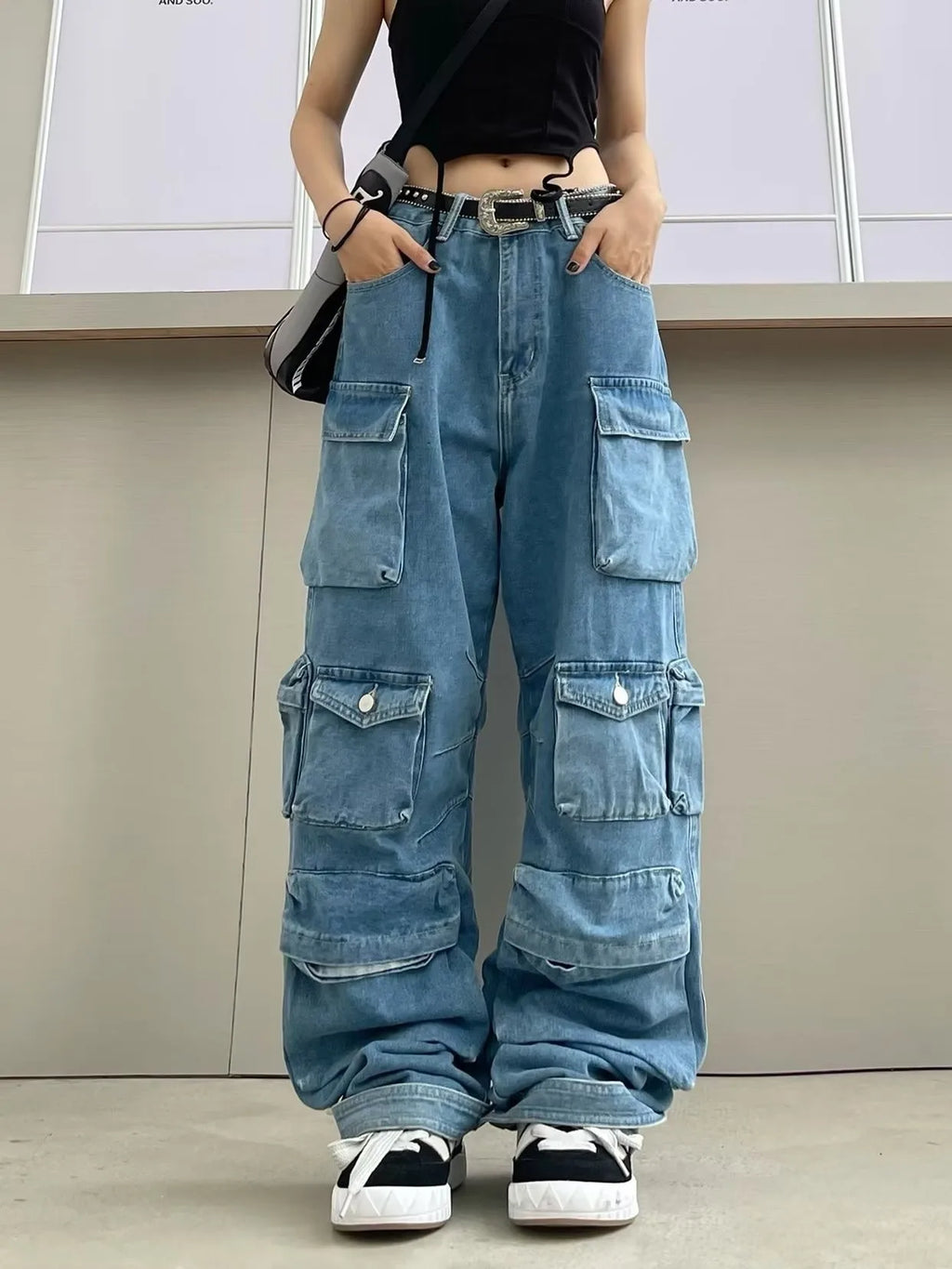 Women's Jeans - Multi-Pocket Cargo Denim Workwear Pants