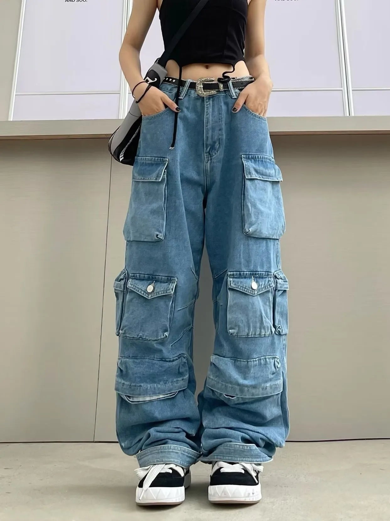 Women's Jeans - Multi-Pocket Cargo Denim Workwear Pants