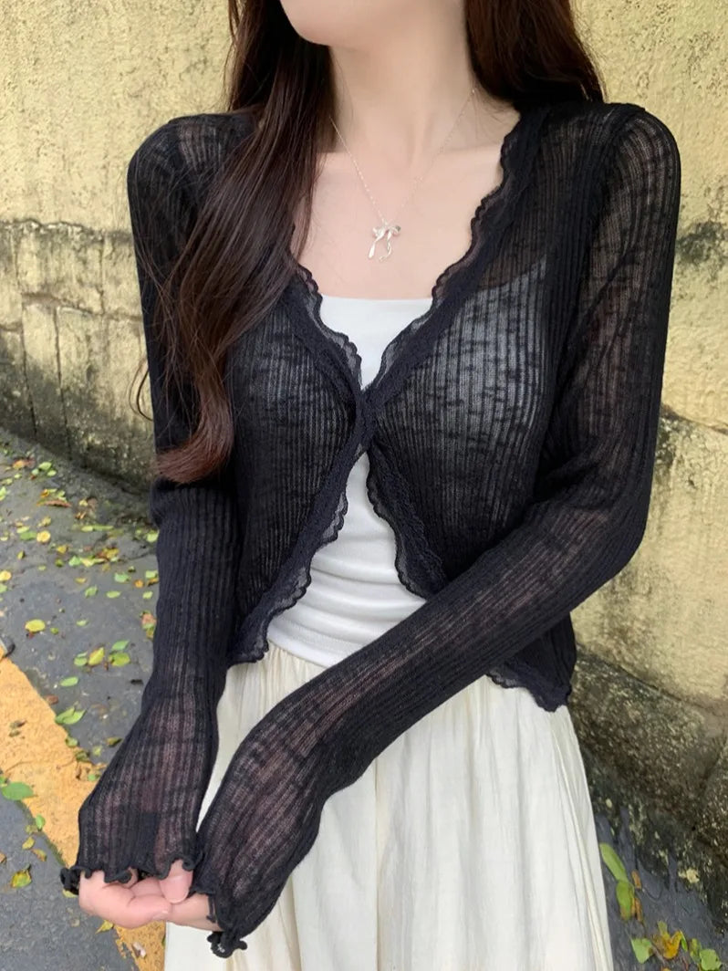 Women's Lace Trim Crop Cardigan - One Button Knit Top