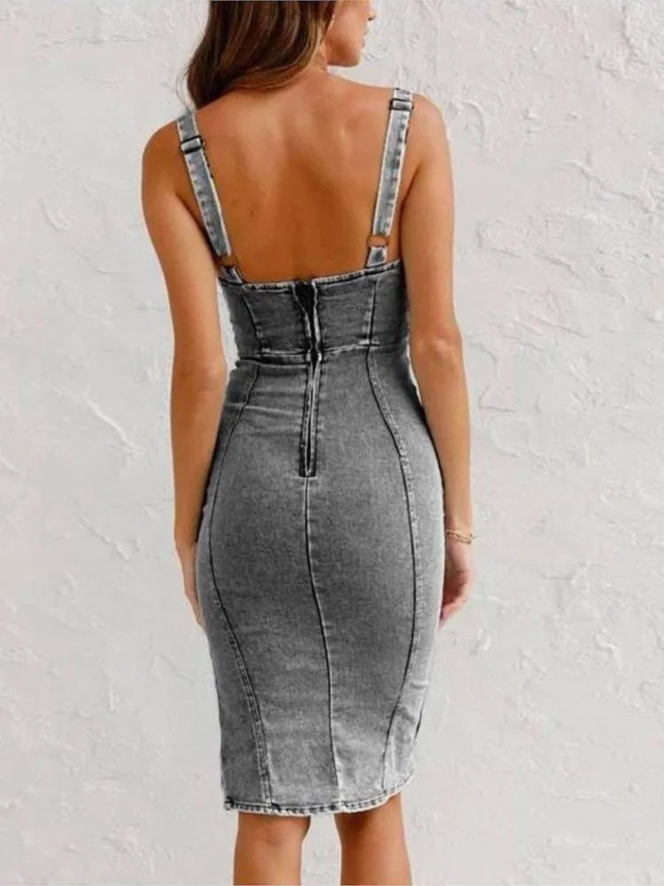 U-Neck Halter Denim Wrap Hip Split Dress