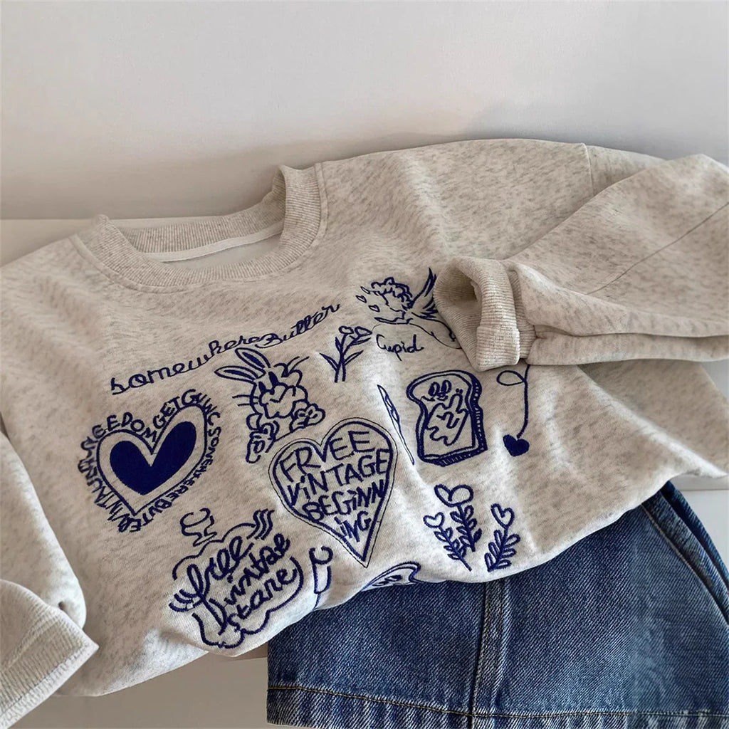 Round Neck Embroidered Cropped Sweatshirt Drop Sleeve Regular Fit