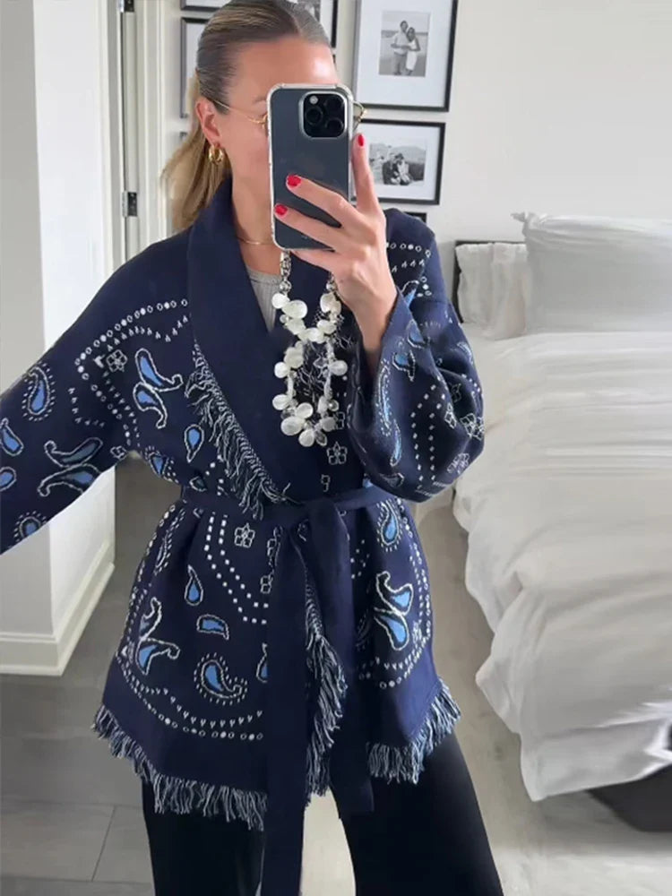 Women's Geometric Print Cardigan - Tassel Patchwork Knit Sweater