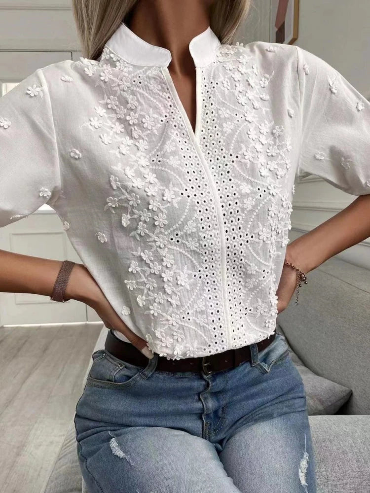 Embroidered Stand Collar Lantern Sleeve Hollow-Out Blouse