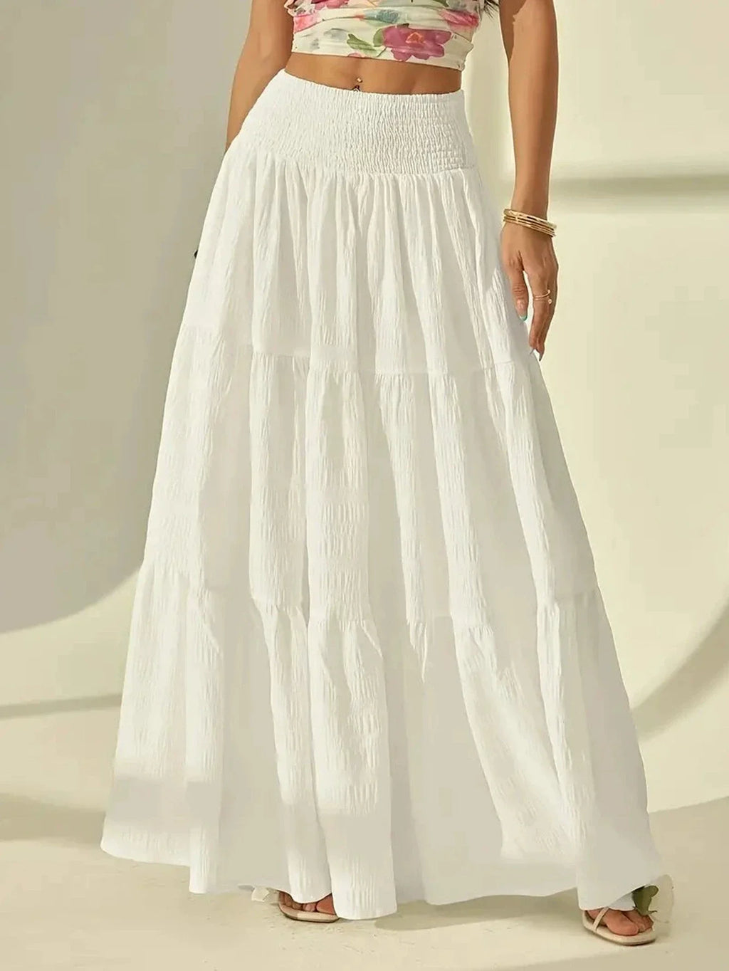 Women  Fashion Tiered Maxi Skirt Elastic Waist Casual Solid Color A-line Faldas Mujer Holiday Streetwear Long Jupes
