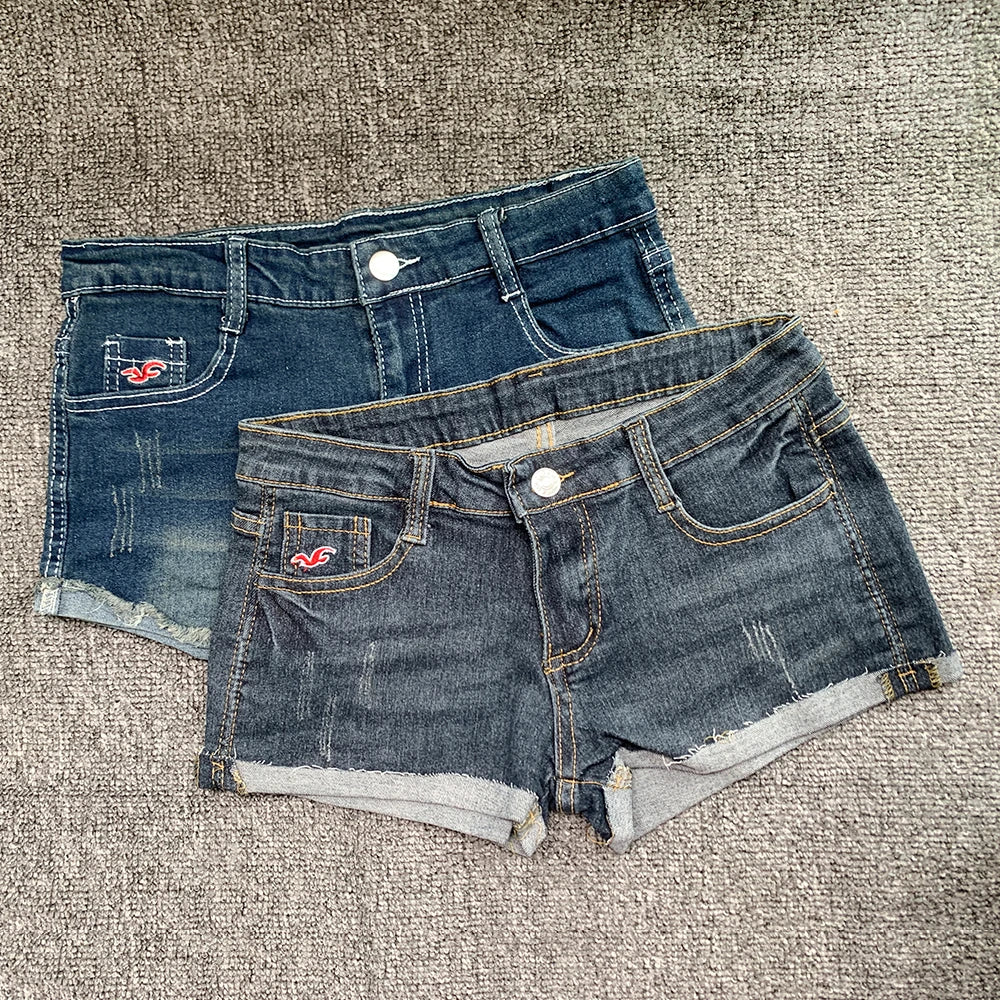 Sexy Low Waist Women Denim Shorts American Lady Y2K Elastic Slim Fit Hot Pants Female Embroidery Wrapping Jeans