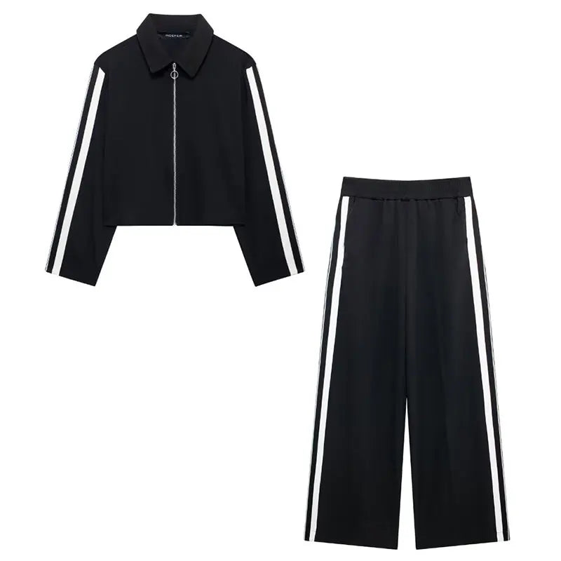 Patchwork Zip-Up Jacket & Wide Leg Pants Set