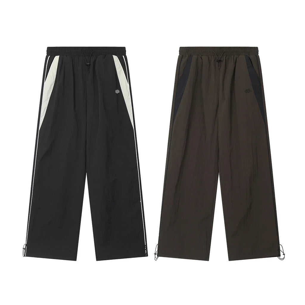 High Waist Wide Leg Patchwork Pants Loose Fit Elastic Waist Pockets