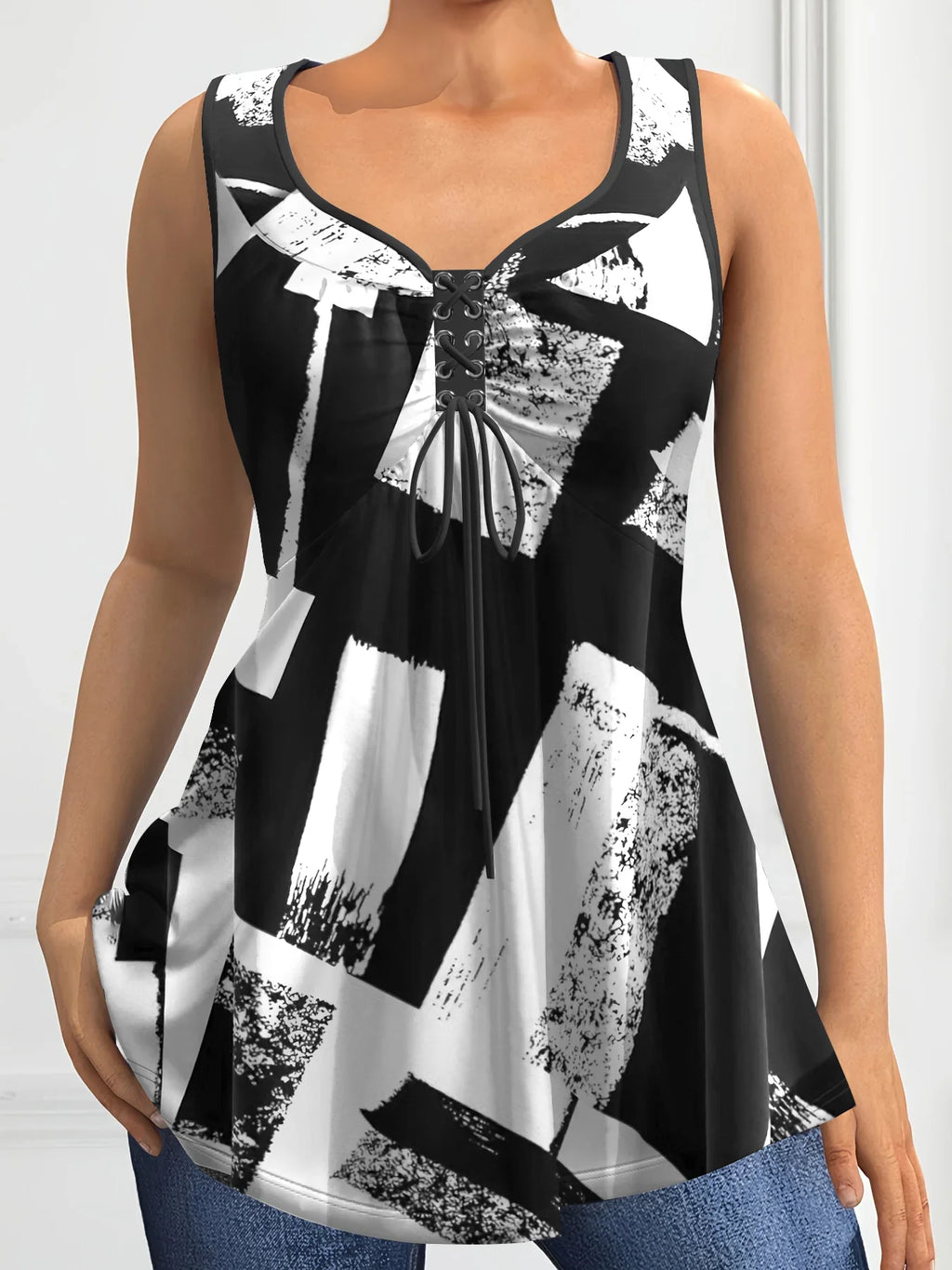 Women's Colorblock Lace-Up V-Neck Tank Top